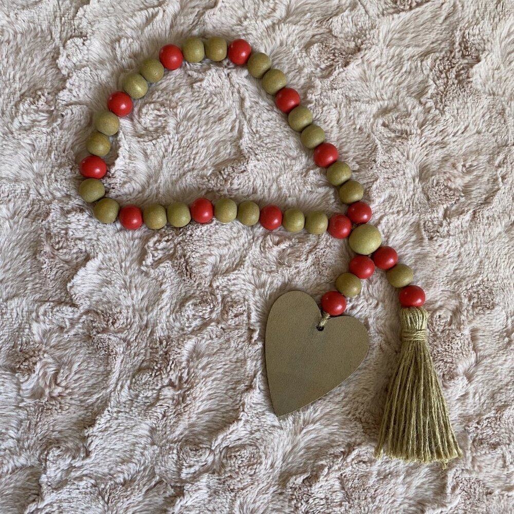 Wood Bead Pink & Tan Tassels Heart Love Garland Loop 17"